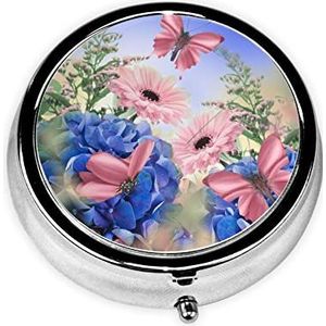 Pillendoos Hortensia's Madeliefjes Vlinders Ronde Pil Case 3 Compartiment Geneeskunde Pil Organizer Leuke Pil Organizer Draagbare Reizen Pillendoos Vitamine Kabeljauw Leverolie Opbergdoos Unieke Gift