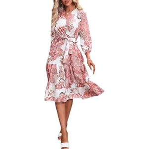LAZIRO Lente en zomer – dames – casual jurk met lange mouwen, V-hals, print en geknoopt in de taille, Roze Bloem, L