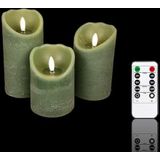 Meisterhome® Set van 3 vlamloze ledkaarsen, groen, rustieke design, stompkaars, met afstandsbediening, met timer, werkt op batterijen, warmwit, 10/12,5/15 cm hoog, met flikkerende vlam