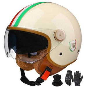 Open gezicht motorfietshelm, ECE goedgekeurd, Retro 3/4 motorfietshelm met dubbel zonnevizier, Vintage scooter bromfietshelmen voor volwassenen A-1,L (59-60cm)