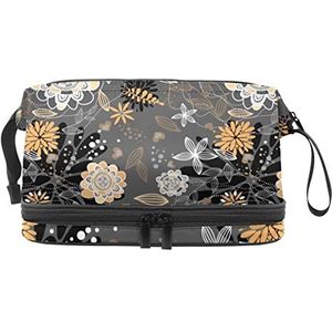 Dubbele Laag Cosmetische Tas Zwart Bloemen Grijs Draagbare Make-up Tas Reizen Organizer Pouch voor Vrouwen Meisjes Toiletartikelen Tassen, Meerkleurig, 27x15x14 cm/10.6x5.9x5.5 in, Make-up zakje