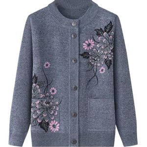 Senior Dames Klassiek Strass Afdrukken Vest Middelbare Leeftijd En Ouderen Gebreid Vest Oude Dame Casual Top Oma Slijtage Jas Lente Herfst Moeder Slijtage Warme Trui,Grijs,M