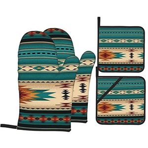4 stuks ovenhandschoenen en pannenlappen etnische Azteekse Indiaanse patroon magnetron handschoenen antislip ovenhandschoenen premium ovenwanten voor bakken barbecue, magnetron, keuken