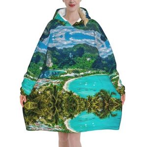 Oversized Groene Tropische Eiland Hoodies Vrouwen Uk Pluizige Deken Hoodie Sherpa Vrouwen Fleece Draagbare Deken Mannen