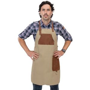 Kookschort van hoogwaardig canvas en echt leer – variabel barbecueschort met lederen riemen – schort voor keuken, BBQ & barista - Hayden, Canvas-beige, Eén Maat