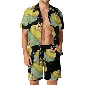 Zomer Corgi Hawaiiaanse sets voor heren, button-down trainingspak met korte mouwen, strandoutfits, L