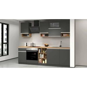 Dmora Complete Ronnie, praktisch en ruimtebesparend, keukenwand met 8 deuren en 1 lade, 100% Made in Italy, 255 x 60 x 85 cm, antraciet en eiken
