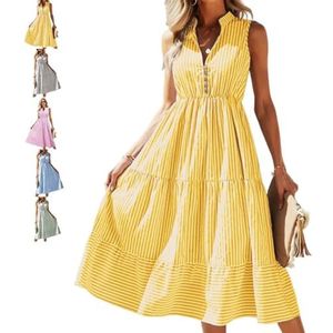 CupitiDU Seer Sucker Jurken voor Vrouwen, Zomer Mouwloos Casual Button Down V-hals Ruches Gestreepte Maxi Shirt Jurk, Geel, XXL