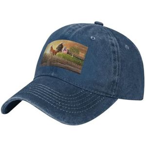 StOlmx Haan op hout in landbouwgrond print baseballpet verstelbare keperstof bulk met paardenstaarthat klassieke papa hoed voor mannen vrouwen, Donkerblauw, Eén Maat