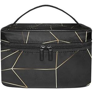Make-up Organizer Bag, Reizen Make-up Tas Organizer Case Draagbare Cosmetische Tas voor Vrouwen en Meisjes Toiletartikelen Gouden Driehoek Geometrische Lijn Patroon in Zwarte Achtergrond, Meerkleurig, 22.5x15x13.8cm/8.9x5.9x5.4in