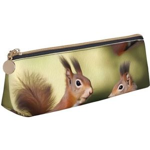 Dwrepo Lederen etui voor vrouwen mannen potlood tas met rits draagbare etui schattige eekhoorns pen tas kleine make-up tas munt zakje voor werk kantoorbenodigdheden