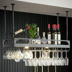 Wijnrekken Licht luxe hangend wijnrek met 2 lampen, verstelbaar wijnrek met glazen houder en plank, plafondmontage Opbergrek (Color : Noir, Size : 100x35cm)