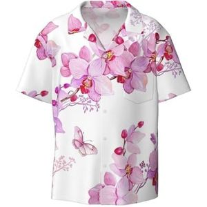 EdWal Roze Bloemen en Vlinder Print Heren Korte Mouw Button Down Shirts Casual Losse Fit Zomer Strand Shirts Heren Overhemden, Zwart, L