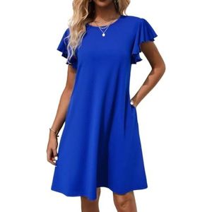 jurken voor dames Effen T-shirtjurk met vlindermouwen en verborgen zak (Color : Royal Blue, Size : L)