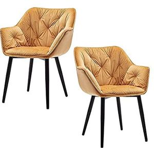 GEIRONV Fluwelen Dining Chair Set van 2, Moderne Woonkamer Slaapkamer Keuken Fauteuil Metalen Benen Lounge Side Chair 45 × 44 × 80cm Eetstoelen (Color : Yellow, Size : Black feet)