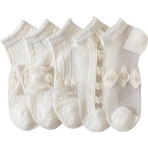yeeplant Elastische zomer enkelsokken voor dames: pure dunne 5 paar katoenen modieuze sokken rekbaar ademend, Wit, Eén Maat