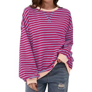 Roze Laur-sweater, Roze Laur Dames Gestreept Oversized Sweatshirt, Kleurblok Shirt Met Ronde Hals En Lange Mouwen. Casual Losse Pullover Top (L,Paars roze)