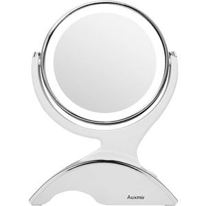 Auxmir Verlichte make-upspiegel, dubbelzijdige spiegel, 360 graden verstelbaar, 10 x / 1 x vergrotende spiegel, moderne tafelspiegel, USB-oplaadbaar, oplaadbare make-upspiegel