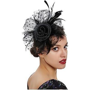Vintage vrouwen veer bloem fascinator hoed, dames haaraccessoires bruiloft feest bloemen mesh sluier hoofdband haarspeld (kleur: zwart en oranje, maat: 1)