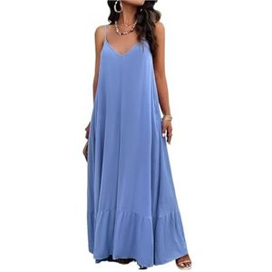 Zomerse maxi-jurk voor dames, casual, mouwloos, spaghettibandjes, lange strandjurk met zak, Blauw, XL
