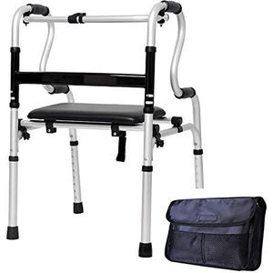 Opvouwbare Senioren Walker, met lederen zitting, Outdoor Lichtgewicht Rechtopstaande Walker voor Volwassen Gehandicapte Ouderen, Verstelbare Hoogte, Belasting 180kg (Kleur: Geen wielen) (Geen wielen)