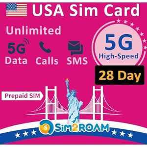 Prepaid simkaart voor in de VS, onbeperkte snelle 5G-/4G LTE-dataverbinding in de VS (inclusief Hawaï), onbeperkt bellen en SMS-en in de VS, herlaadbaar (28 dagen)