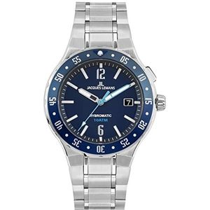 JACQUES LEMANS Herenhorloge, Hybromatic horloges voor mannen, chronograaf van massief roestvrij staal met siliconen armband, model 1-2109, zilver/blauw, Eén maat, armband