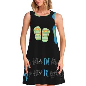 Flip Flops kalligrafie strandschoenen print charmante dames mouwloze knielange jurk met zakken voor feesten en vakanties, Zwart, S