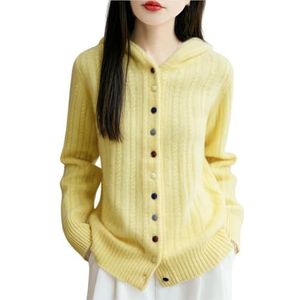 Dames Kasjmier Vesten Met Capuchon 2025 Lange Mouwen Wollen Trui Met Gekleurde Knopen Elegante Effen Tops Herfst Winter Zachte Warme Bovenkleding For Buiten, Kantoor(Yellow,XX-Large)