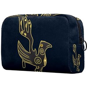 Gouden bronzen vogel print reizen cosmetische tas voor vrouwen en meisjes, kleine make-up tas rits zakje toilettas organizer, Meerkleurig, 18.5x7.5x13cm/7.3x3x5.1in, Modieus