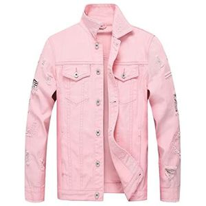 Heren Punk Denim Jacket Stand Kraag Lange Mouw Slanke pasvorm Ripped Distressed Botton Down Coat Casual Outlebehol met gat (Color : Pink, Size : S)