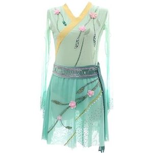 Kunstschaatsjurk For Kinderen, Meisjes Lange Mouwen Open Rug Ademend Danskostuum Met Bloemendecoratie(4XL)