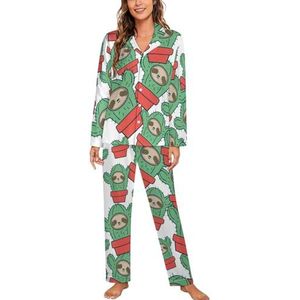 Grappige luiaard catus pyjama sets met lange mouwen voor vrouwen klassieke nachtkleding nachtkleding zachte pyjama loungesets