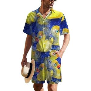 Gele rubberen eenden Hawaiiaanse pak voor heren, set van 2 stuks, strandoutfit met korte mouwen en korte mouwen, bijpassende set