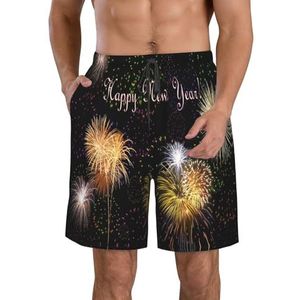 JIAWUJYNB Happy New Year Print strandshorts voor heren, lichtgewicht, sneldrogend trekkoord zwembroek met zakken, Wit, S