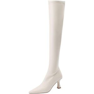 Mo Joc Elegante laarzen voor dames, bovenbeenhoogte, overknee-laarzen met kitten hakken, beige, 33 EU