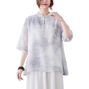 Vrouwen Retro Etnische Stijl Bloemen Bedrukt Shirt Top Chinese Stijl Traditionele Hanfu Blouse Zomer Los Flowy Shirt(Color:Light blue,Size:L)