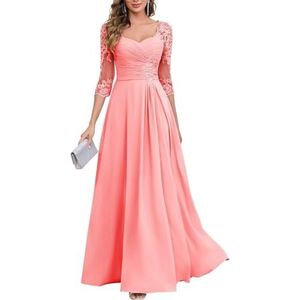KIYNE Dames kanten applicatie chiffon moeder van de bruid jurken met mouwen V-hals geplooide avond formele jurk, Koraal, 32