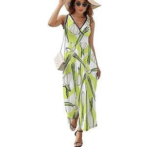 Veganistische lente-uitjes en knoflook casual maxi-jurk voor vrouwen V-hals zomerjurk mouwloze strandjurk L