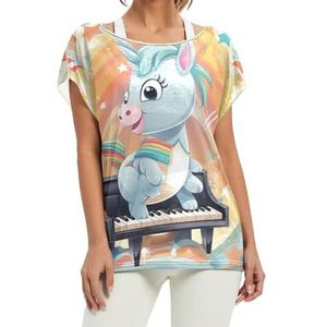 Leuke eenhoorn kunst dames korte vleermuismouwen shirt ronde hals T-shirts losse tops voor meisjes, Patroon, XL