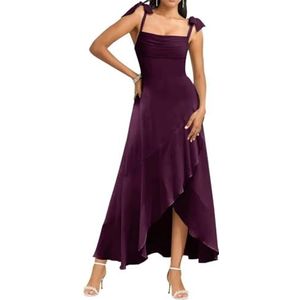 Spaghetti Bandjes Bruidsmeisjes Jurken voor Bruiloft Fluwelen Ruches Formele Avond Party Maxi Jurk High Low AH143, Pruim, 32