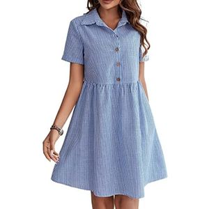 jurken voor dames Gesmokte jurk met halve knoop en gestreepte print (Color : Blue, Size : XL)