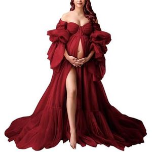 KIYNE Zwangerschapsjurk met lange mouwen voor fotoshoot, tule bruidsjurk, zwangerschapsjurk voor babyborrel, Bordeaux, 32