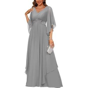 KIYNE Dames V-hals chiffon moeder van de bruid jurken met mouwen kant applicatie elegante avond formele feestjurk, Zilver, 32
