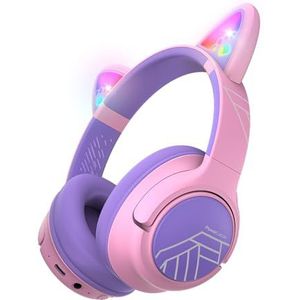PowerLocus Hoofdtelefoon met kattenoor, 74/85/94dB volume beperkt, LED-verlichting, draadloze hoofdtelefoon voor kinderen, Bluetooth over het oor, 45 uur speeltijd, HD-stereo, leuke stickers,