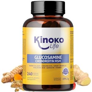 Glucosamine en chondroïtine - 240 capsules met MSM, zeecollageen, hyaluronzuur, kurkuma, zwarte peper, gember, Boswellia en quercetine. Voor gewrichten, kraakbeen en botten