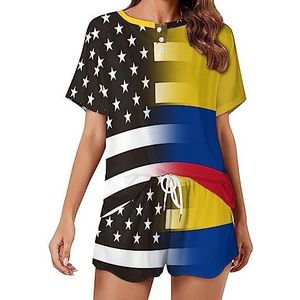 Zwart en wit VS Colombia vlag mode 2 stuks dames pyjama sets korte mouw nachtkleding zachte loungewear stijl-27