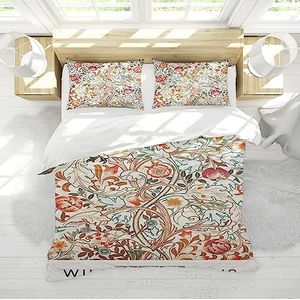 DINGSION William Morris stijl beddengoedset, 3-delig, abstracte plantenbloemen, bladeren, zachte beddengoedset voor slaapkamer met 2 kussenschamingen, 4 stropdassen, 155 x 220 cm
