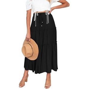 EMOTTOS Lange Boheemse rok voor dames, elastische maxi-rok, hoge taille, zomer, met trekkoord, A-lijn retro A-lijn rok, oranje/zwart, S-XL, Zwart, L
