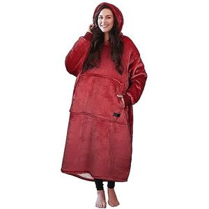 Catalonia Klassieke grote sherpa-hoodie-deken voor volwassenen, vrouwen, mannen, superwarm en lang, oversized pluche hoodie-dekjurk met capuchon en voorzak, wijnrood
